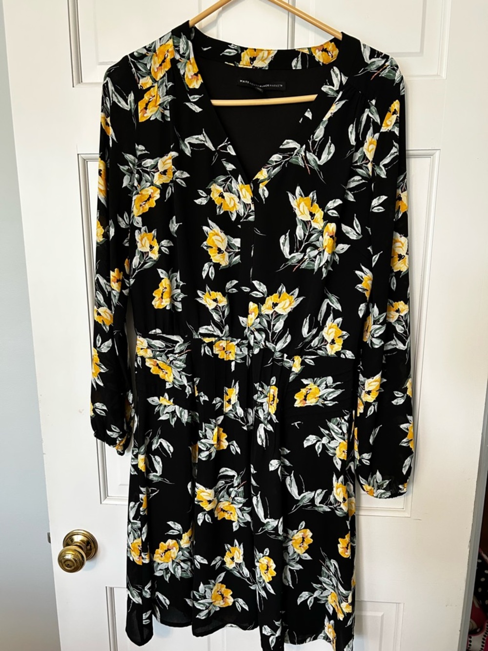 White House Black Market Black Long Sleeve Dress with Yellow Floral Print